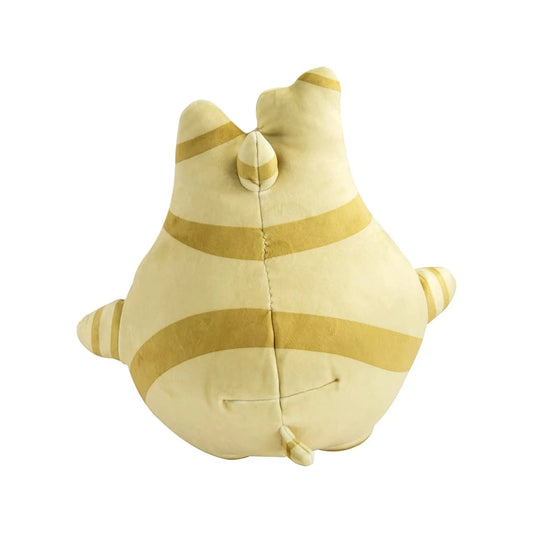 A plush toy shaped like a small cartoon creature, shown from the back. The toy is cream-colored with mustard yellow stripes, set against a plain white background.
