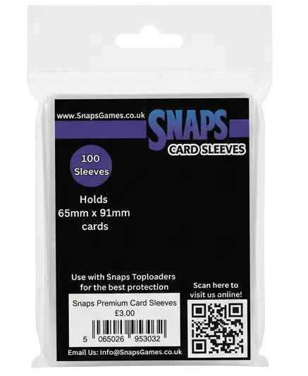 A package of 100 Snaps card sleeves in a clear plastic bag with a black label. The label features the Snaps Games logo and text indicating it holds 65mm x 91mm cards.