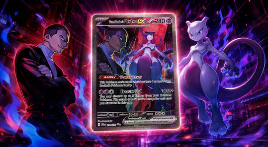 Team Rocket's Mewtwo ex Pokémon card with glowing halo from Pokémon Destined Rivals, highlighting the rarest chase card in the set.