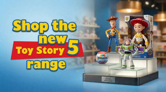 Toy Story 5 Woody, Buzz Lightyear and Jessie figures displayed on a plinth at SNAPS Games