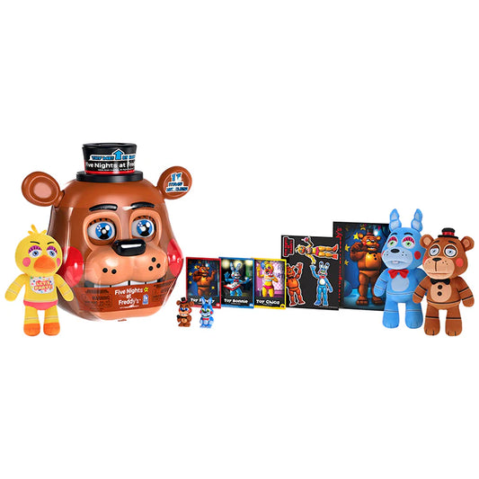 A collection of Five Nights at Freddy's themed collectibles on a plain white background, including a large Freddy Bear toy container, a yellow Chica doll, and several smaller character figures and cards.