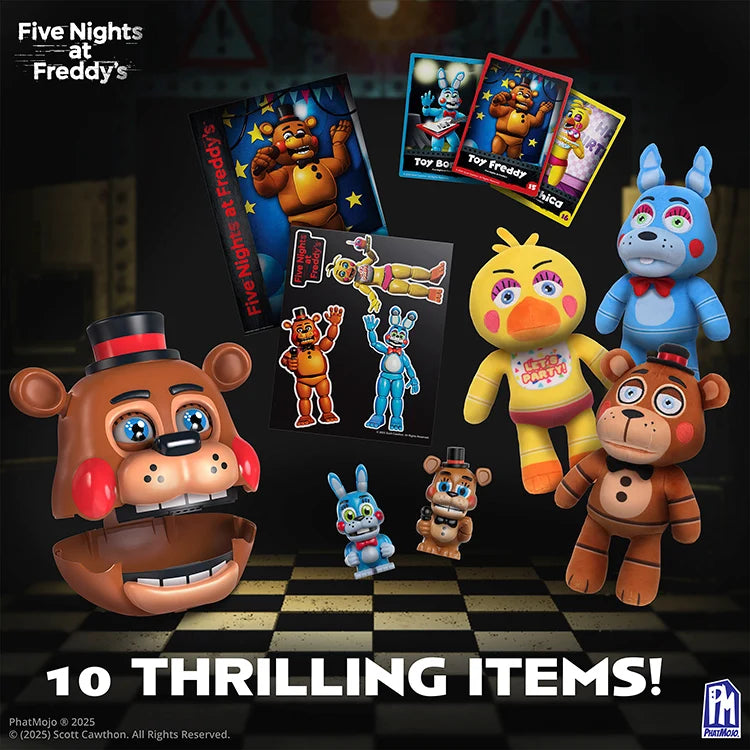 Promotional collage for a Five Nights at Freddy's merchandise set, showing multiple animatronic figures and cards on a dark stage-like background with the text '10 THRILLING ITEMS!'. Visible items include a large brown bear head figure, a yellow chick figure, a blue bunny figure, a smaller brown bear figure, a small blue bunny figure, a small brown bear figure, and several illustrated cards.