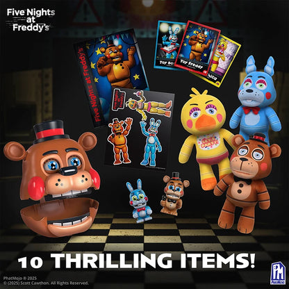 Promotional collage for a Five Nights at Freddy's merchandise set, showing multiple animatronic figures and cards on a dark stage-like background with the text '10 THRILLING ITEMS!'. Visible items include a large brown bear head figure, a yellow chick figure, a blue bunny figure, a smaller brown bear figure, a small blue bunny figure, a small brown bear figure, and several illustrated cards.