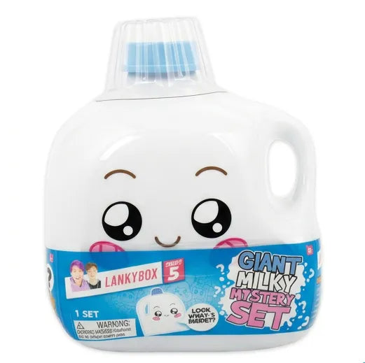 A Lankybox Giant Milky Mystery Set toy bottle, featuring a cute cartoon face on a white plastic container with a blue cap and a blue label.