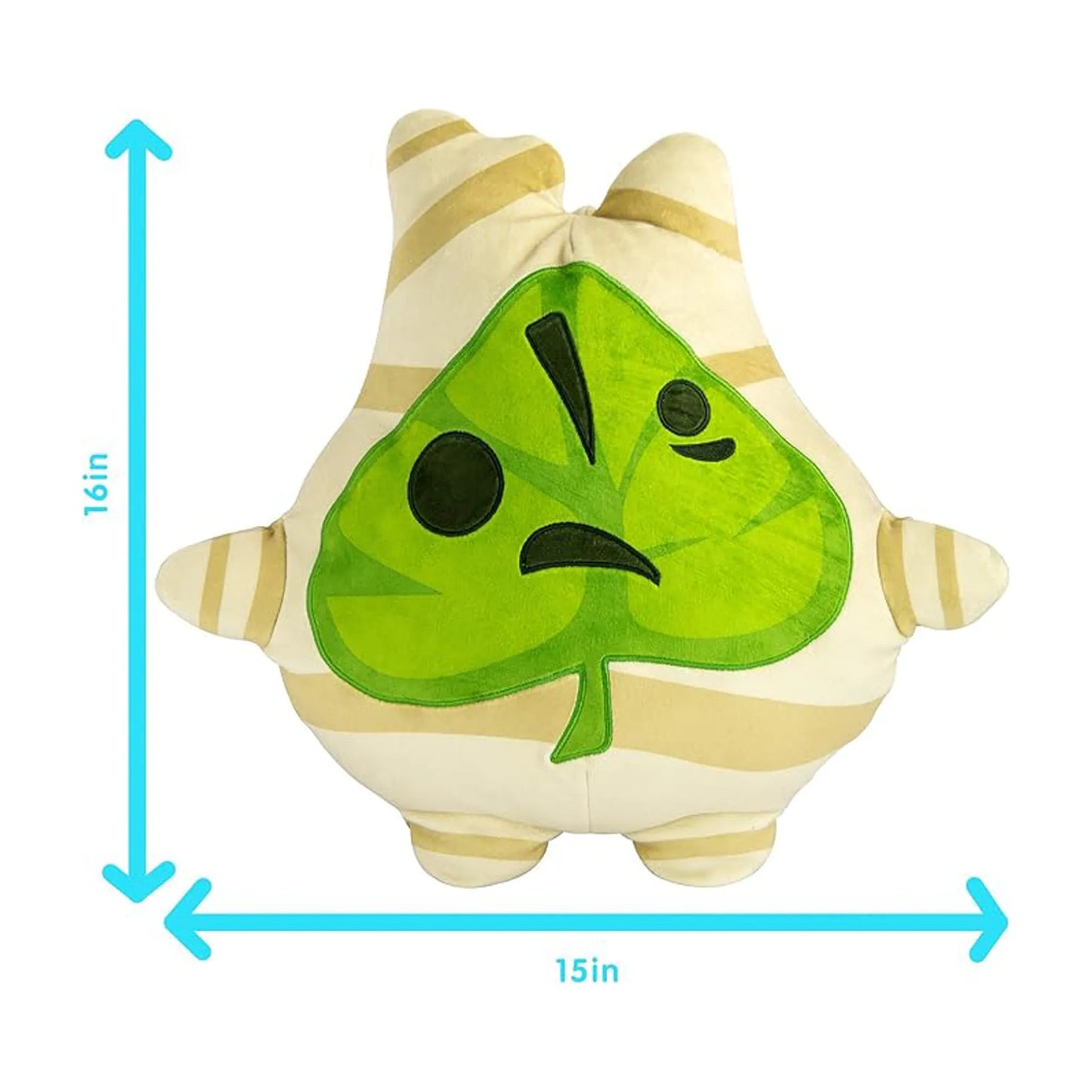 A cartoon plush toy with a green leaf face and black eyes on a cream and tan striped body, shown with blue dimension arrows indicating 15 inches wide by 16 inches tall on a white background.