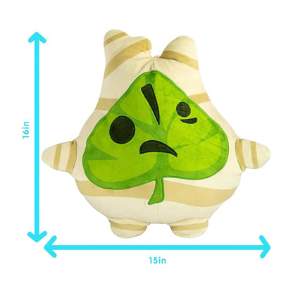 A cartoon plush toy with a green leaf face and black eyes on a cream and tan striped body, shown with blue dimension arrows indicating 15 inches wide by 16 inches tall on a white background.