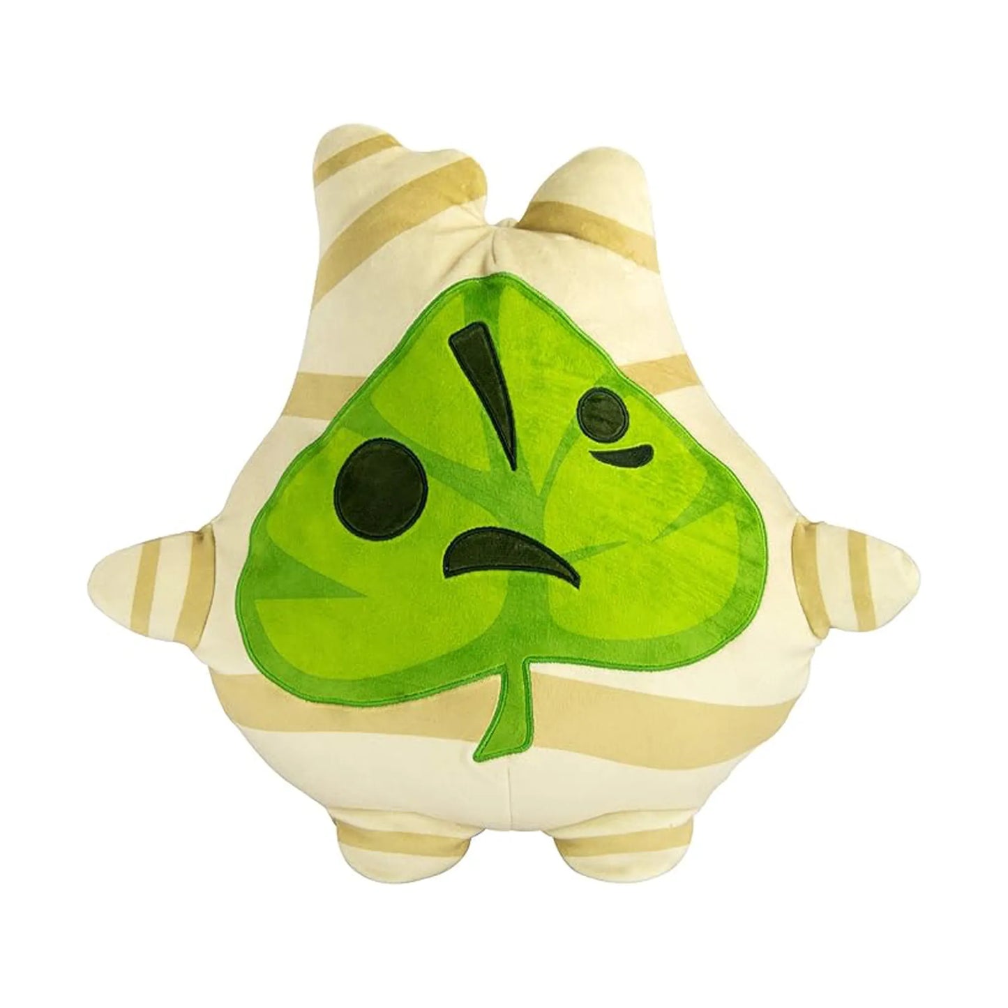 A plush toy shaped like a leaf character with a green leaf face and black facial features, set against a plain white background.