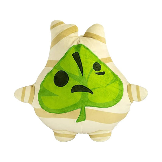 A plush toy shaped like a leaf character with a green leaf face and black facial features, set against a plain white background.