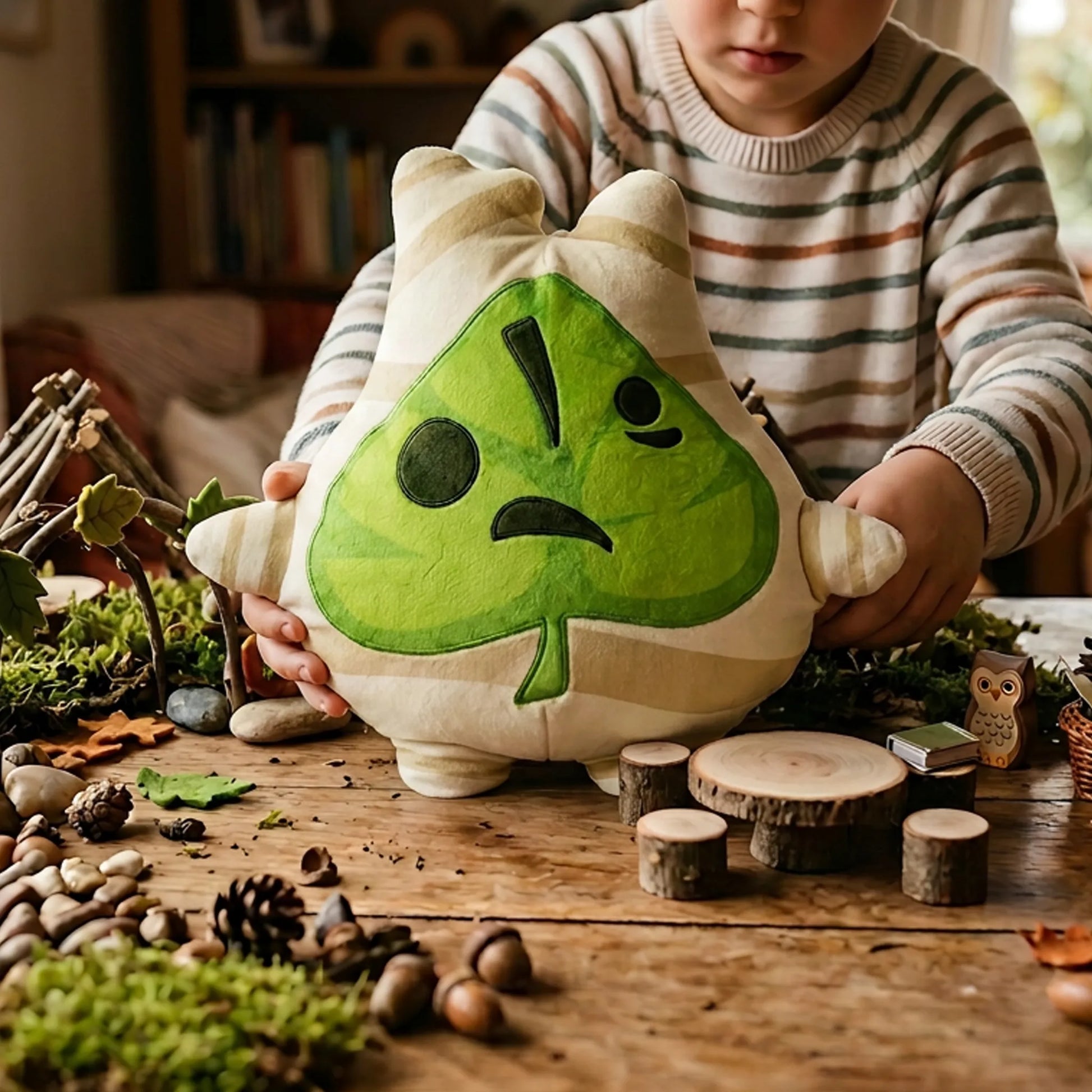 A child in a striped sweater holds a plush pillow shaped like a green leaf with a sad face, set on a rustic wooden table surrounded by moss, acorns, and small wood slices.