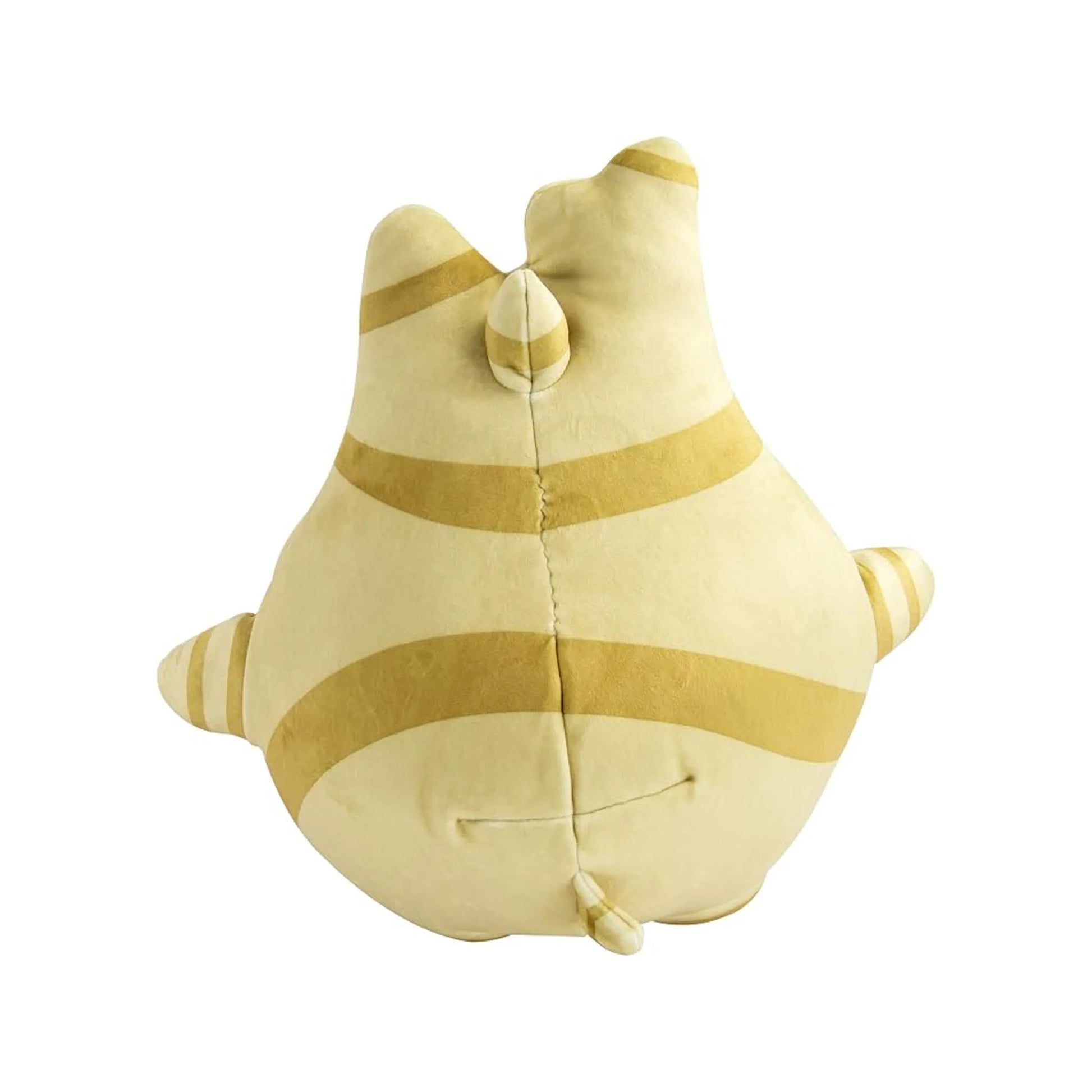 A plush toy shaped like a small cartoon creature, shown from the back. The toy is cream-colored with mustard yellow stripes, set against a plain white background.
