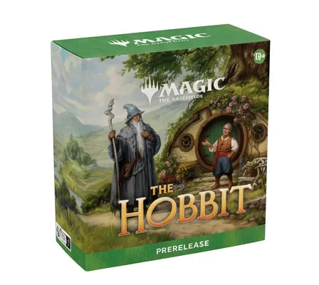 Magic: The Gathering The Hobbit Prerelease box, featuring artwork of a wizard and a hobbit from the Shire, with green borders at the top and bottom.
