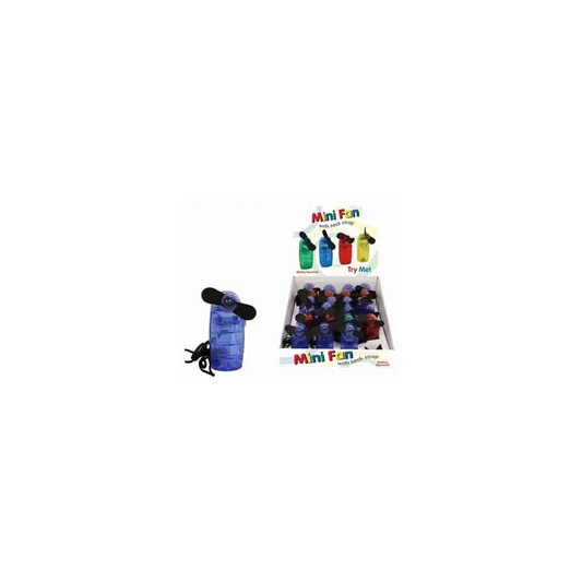 Mini fans in display box, red, blue, green, yellow fans, on a white background