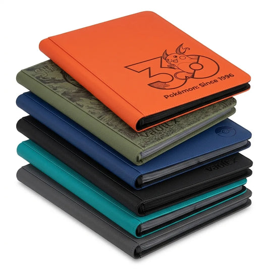 A stack of Pokémon-themed folio wallets in various colors, including orange, olive green, navy blue, teal, and black, displayed on a clean white background.