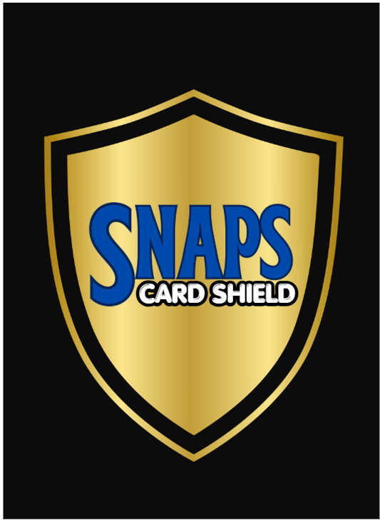 A gold shield-shaped logo with black border and blue and white text reading 'SNAPS CARD SHIELD' on a black background.