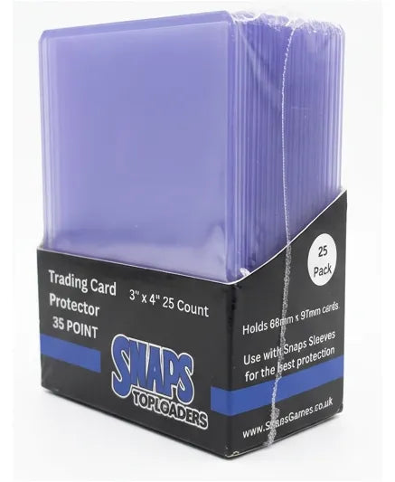 A 25-pack of SNAPS Toploaders trading card protectors in a translucent purple shade, packaged in a black cardboard display box with blue and white branding.