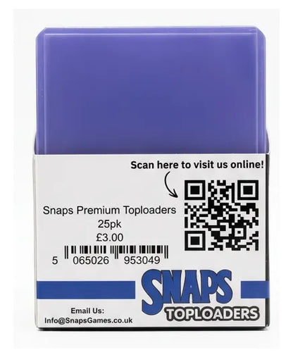 A 25-pack of Snaps Premium Toploaders in a solid purple plastic case with a white paper label. The label features a QR code, barcode, and the 'SNAPS TOPLOADERS' branding.