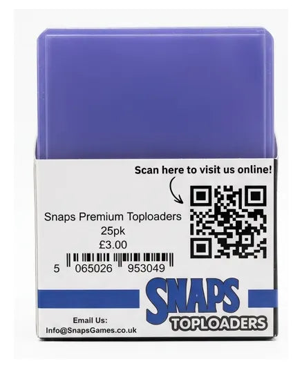 A 25-pack of Snaps Premium Toploaders in a solid purple plastic case with a white paper label. The label features a QR code, barcode, and the 'SNAPS TOPLOADERS' branding.
