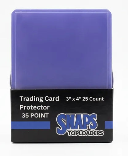 A pack of  3x4 trading card protectors by Snaps Toploaders, shown in its retail packaging against a white background.