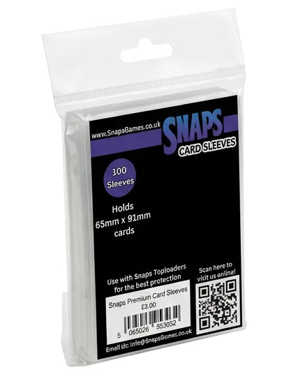 A package of 100 Snaps card sleeves in clear plastic hanging retail packaging with a black front label. The label shows the Snaps brand name in blue and purple, product details including 'Holds 65mm x 91mm cards' and '300 Sleeves', a barcode, and a QR code.