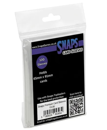 A package of 100 Snaps card sleeves in clear plastic hanging retail packaging with a black front label. The label shows the Snaps brand name in blue and purple, product details including 'Holds 65mm x 91mm cards' and '300 Sleeves', a barcode, and a QR code.