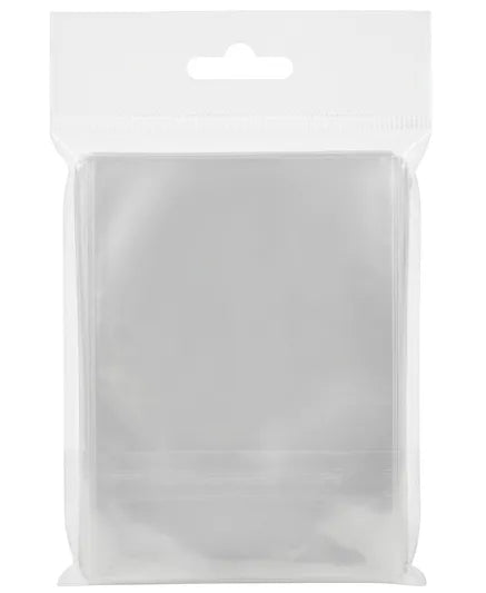A clear plastic hanging pouch with a white cardboard header and a die-cut slot at the top, shown against a plain white background.