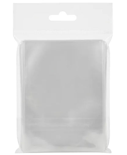 A clear plastic hanging pouch with a white cardboard header and a die-cut slot at the top, shown against a plain white background.