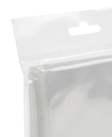 A close-up of a clear plastic hanging pouch package with a die-cut hanging tab at the top, shown against a white background.