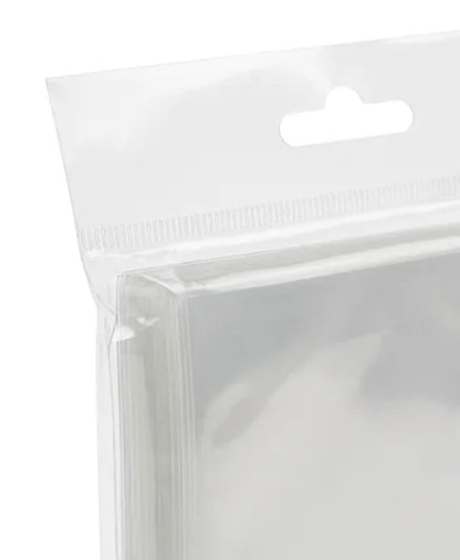 A close-up of a clear plastic hanging pouch package with a die-cut hanging tab at the top, shown against a white background.