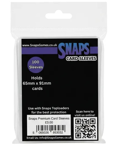 A package of 100 Snaps card sleeves in a clear plastic bag with a black label. The label features the Snaps Games logo and text indicating it holds 65mm x 91mm cards.