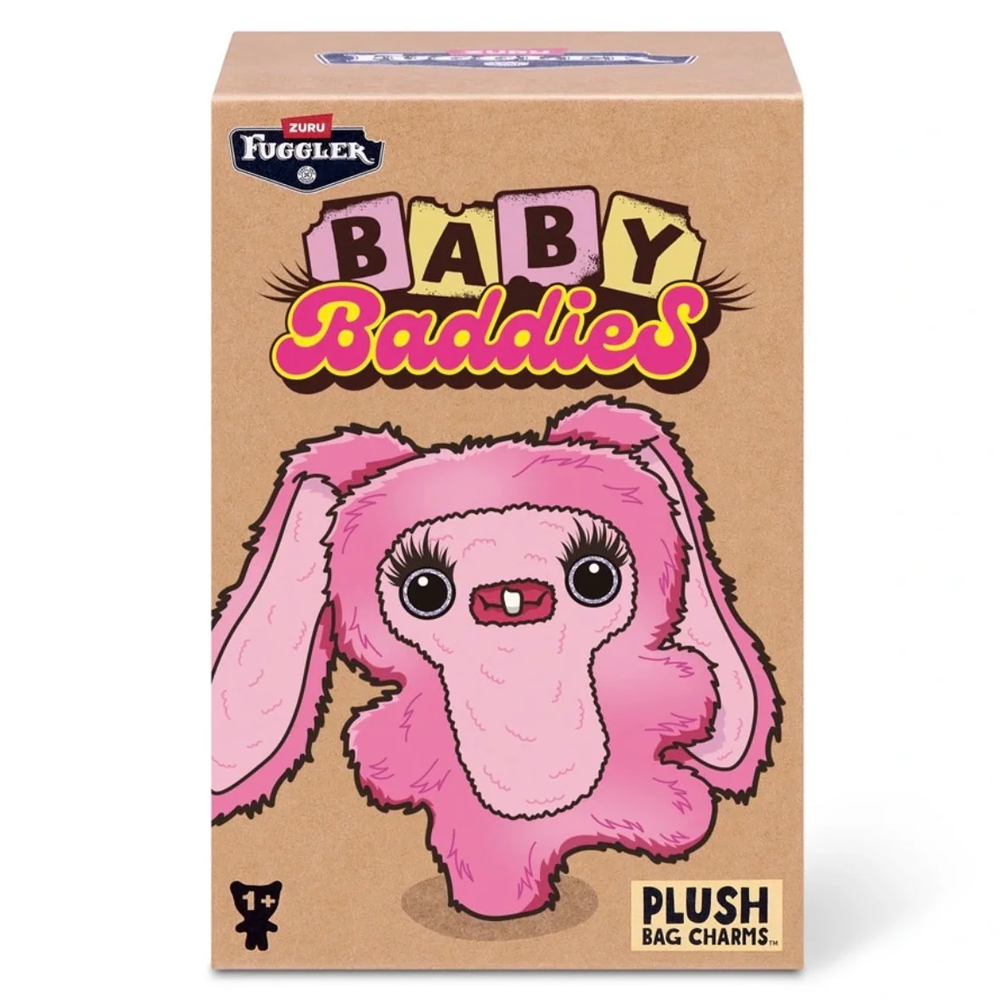 A box of Fuggler 'Baby Baddies' plush bag charms, featuring a cartoon illustration of a pink fuzzy bunny on a brown kraft paper background.
