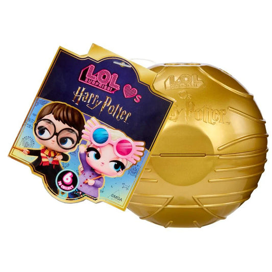 A gold-colored LOL Surprise Harry Potter mystery capsule toy next to its illustrated retail packaging card, featuring characters Harry Potter and Hermione on a white background.