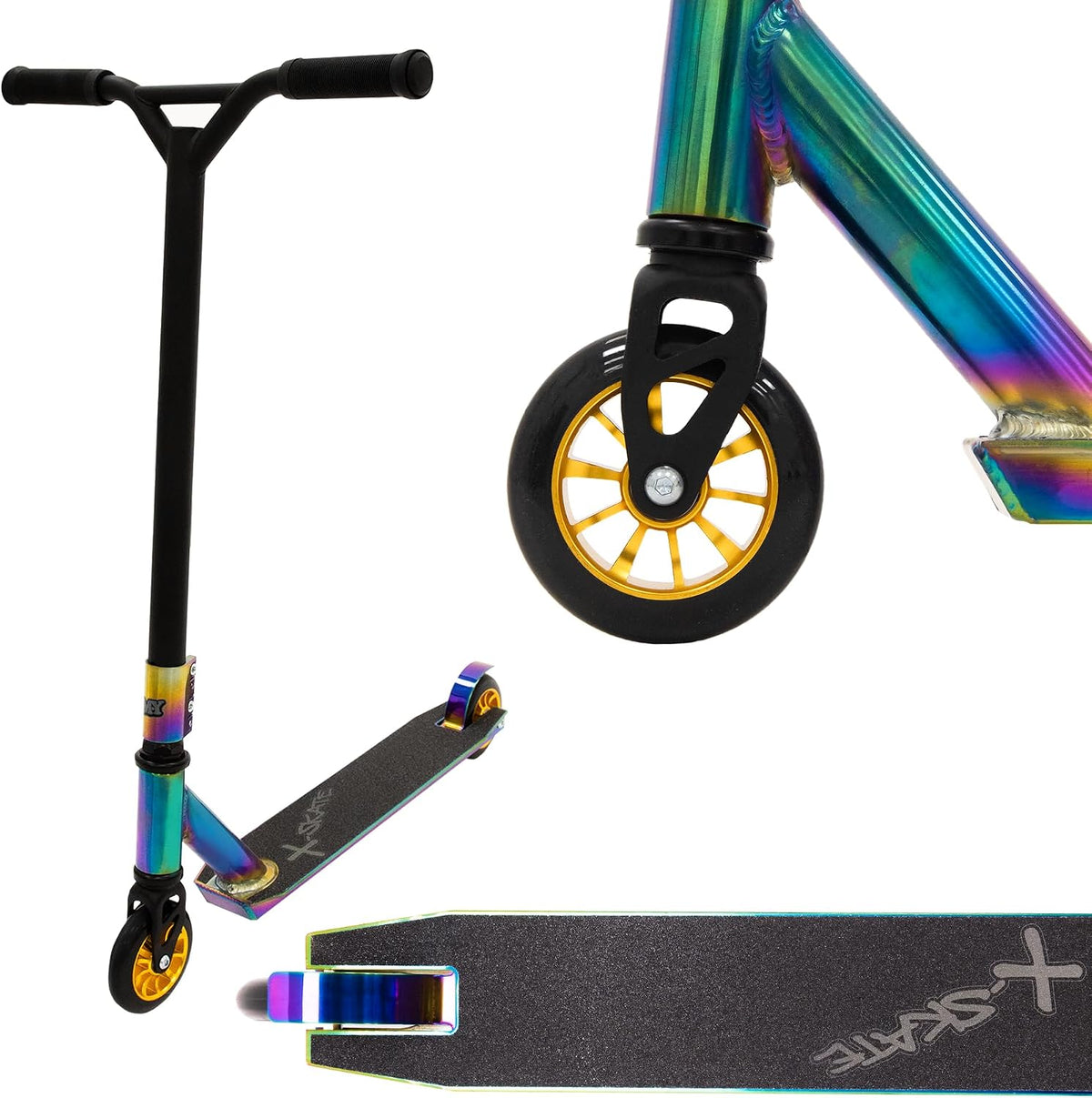Full Scooter, close up front wheel, back wheel, Neo Chrome colour, on a white back ground