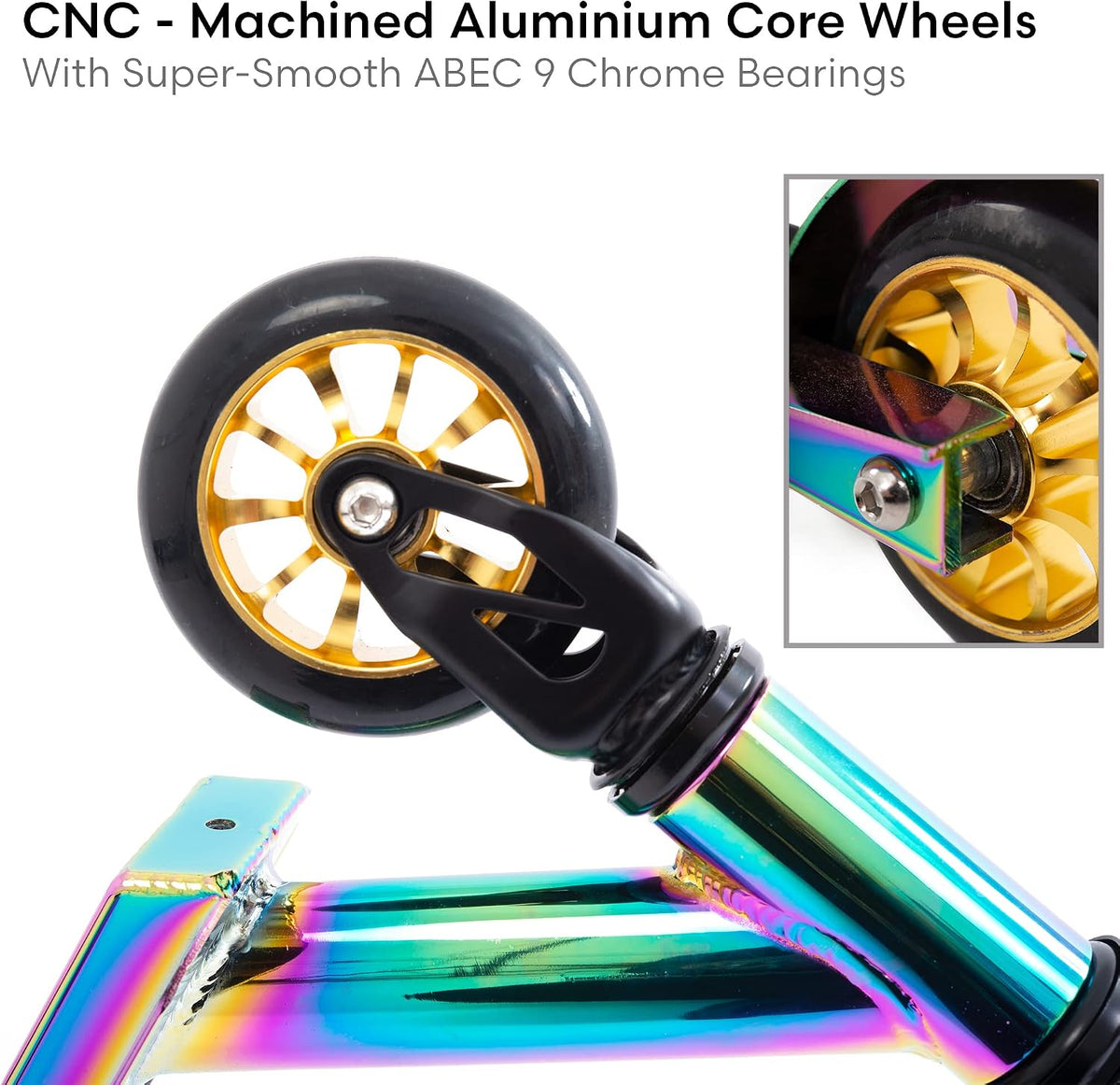 Close-up of ABEC 9 chrome bearings and 100mm wheel on the XSN-009 stunt scooter, white back ground