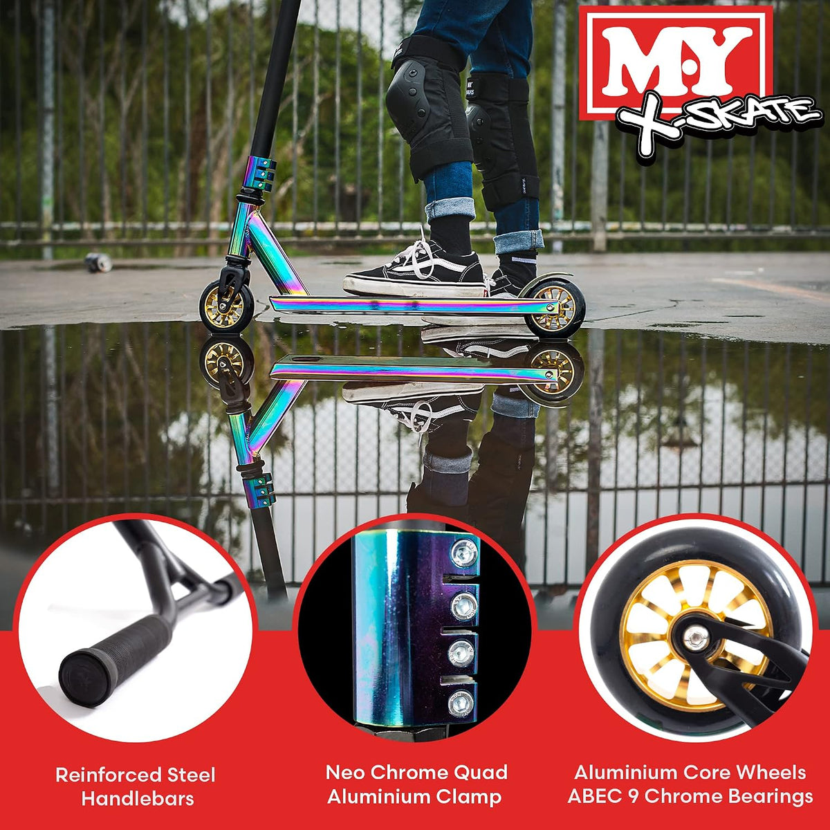 M.Y X-Skate XSN-009 stunt scooter in Neo Chrome, side profile, reflection in puddle, close ups of handle bars, clamp, wheel, 