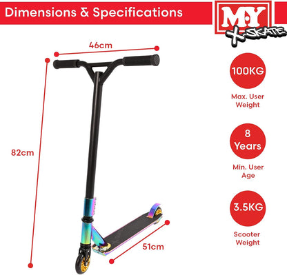 Dimensions and Specifications for the M.Y X-Skate XSN-009 Stunt Scooter, white back ground