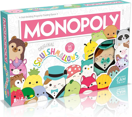 Squishallows Edition of Monopoly, Box front, tilt to the right, white back ground with reflection at bottom.
