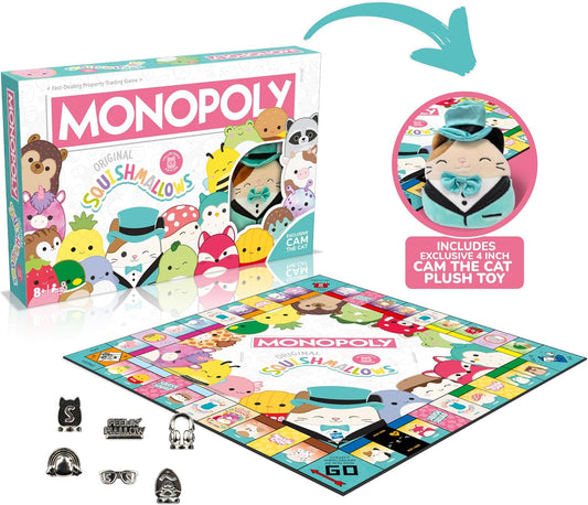 Monopoly Squishmallow Edition, Unboxed, with board and counters on a white back ground, including a close up mini picture of Exclusive Cam the Cat plush toy.
