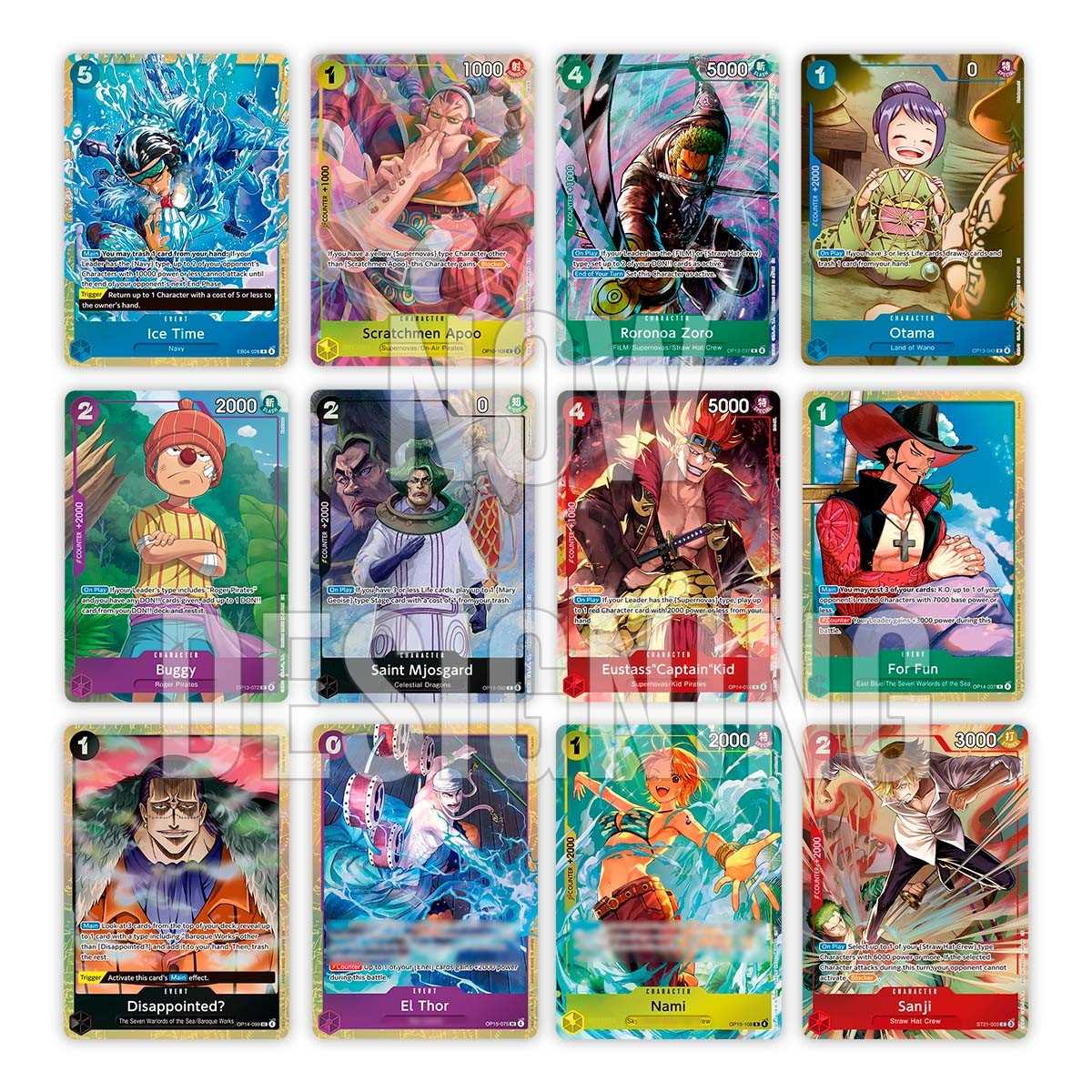 Collection of colorful trading cards featuring animated characters on a white background