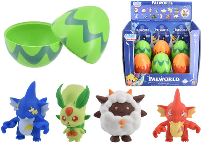 Palworld toy surprise egg set featuring a green patterned egg split into two halves, a blue display box containing four colorful eggs, and four small character figures below: a blue creature, a green creature, a white sheep-like creature, and a red dragon-like creature.
