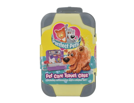 Purrfect Pets Pet Care Travel Case in a yellow and gray plastic container with cartoon dog and cat graphics on the front.