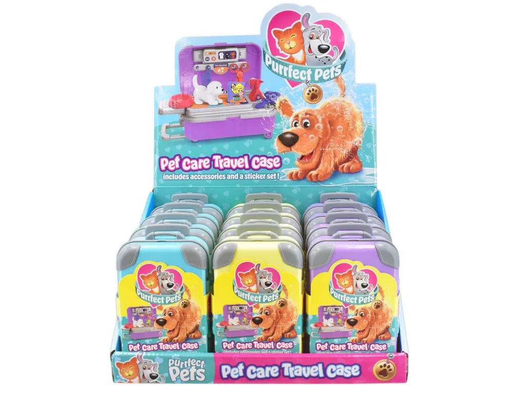 A retail display box filled with multiple 'Perfect Pets' branded 'Pet Care Travel Case' tins, shown on a plain white background.