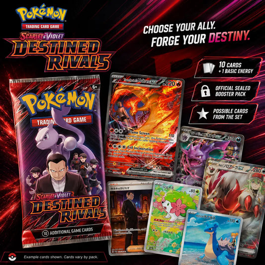 Pokemon Destined Rivals booster pack back showing card list