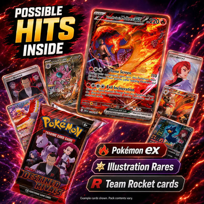 Pokemon Destined Rivals cards fanned out - Moltres, Rares