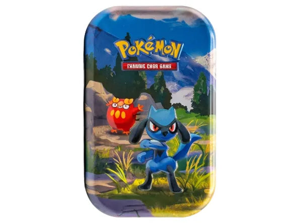 A rectangular metal Pokémon trading card case with rounded corners, featuring artwork of the blue Suicune character and a red Chikorita against a mountain landscape, with the Pokémon logo at the top.
