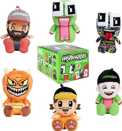A set of six Unspoken Brand mystery plush toys and one green box, arranged on a plain white background. The toys feature various cartoon and character designs including a bearded man, a green frog-like figure, a black-and-white patterned character, an orange monster, a child-like figure with a yellow cap, and another child-like figure in green and pink.