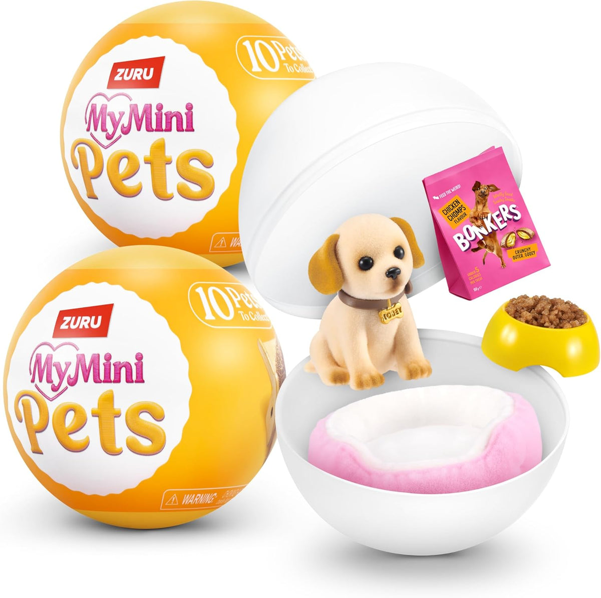 ZURU MyMini Pets toy set showing a white plastic pet capsule with a small puppy figure, a pink pet bed, a yellow food bowl with kibble, and two yellow-and-white ball packages labeled ZURU MyMini Pets. A pink bag labeled BONEERS is also shown as included accessory content.